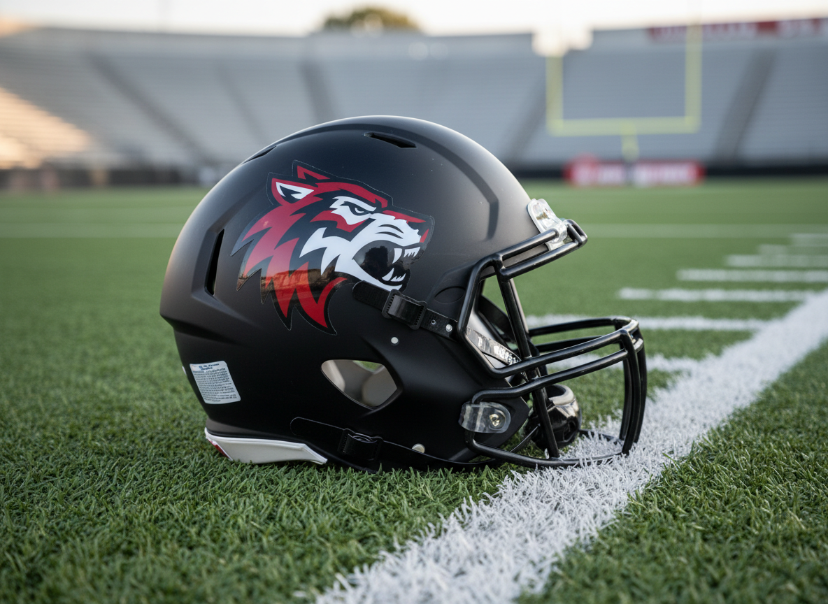 A bold, stylized crimson and white wolf head logo, rendered as a sleek vinyl decal centered on a matte black football helmet resting on a clean turf sideline. The synthetic grass shows detailed individual blades and crisp white yard lines fading into a soft blur. Late afternoon stadium light casts a bright, directional glow across the helmet’s subtly reflective surface, creating sharp, professional highlights and controlled shadows. Captured at eye level with a shallow depth of field, the helmet dominates the frame while the blurred stadium seating and goalpost suggest a South Dakota home field. The photographic realism and clean, modern composition convey serious, independent sports coverage with a sharp, competitive mood.